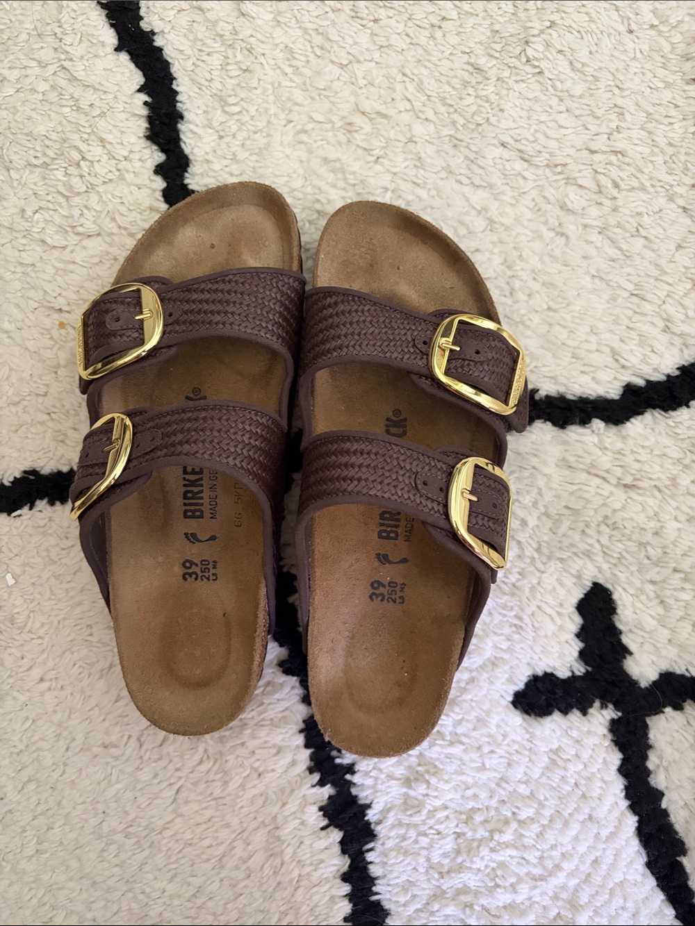 Birkenstock Arizona Double-Strap Sandals in Brown with Gold Buckles